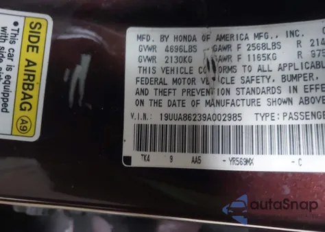 2009 Acura Tl 3.5 из США, поврежденный, VIN 19UUA86239A002985